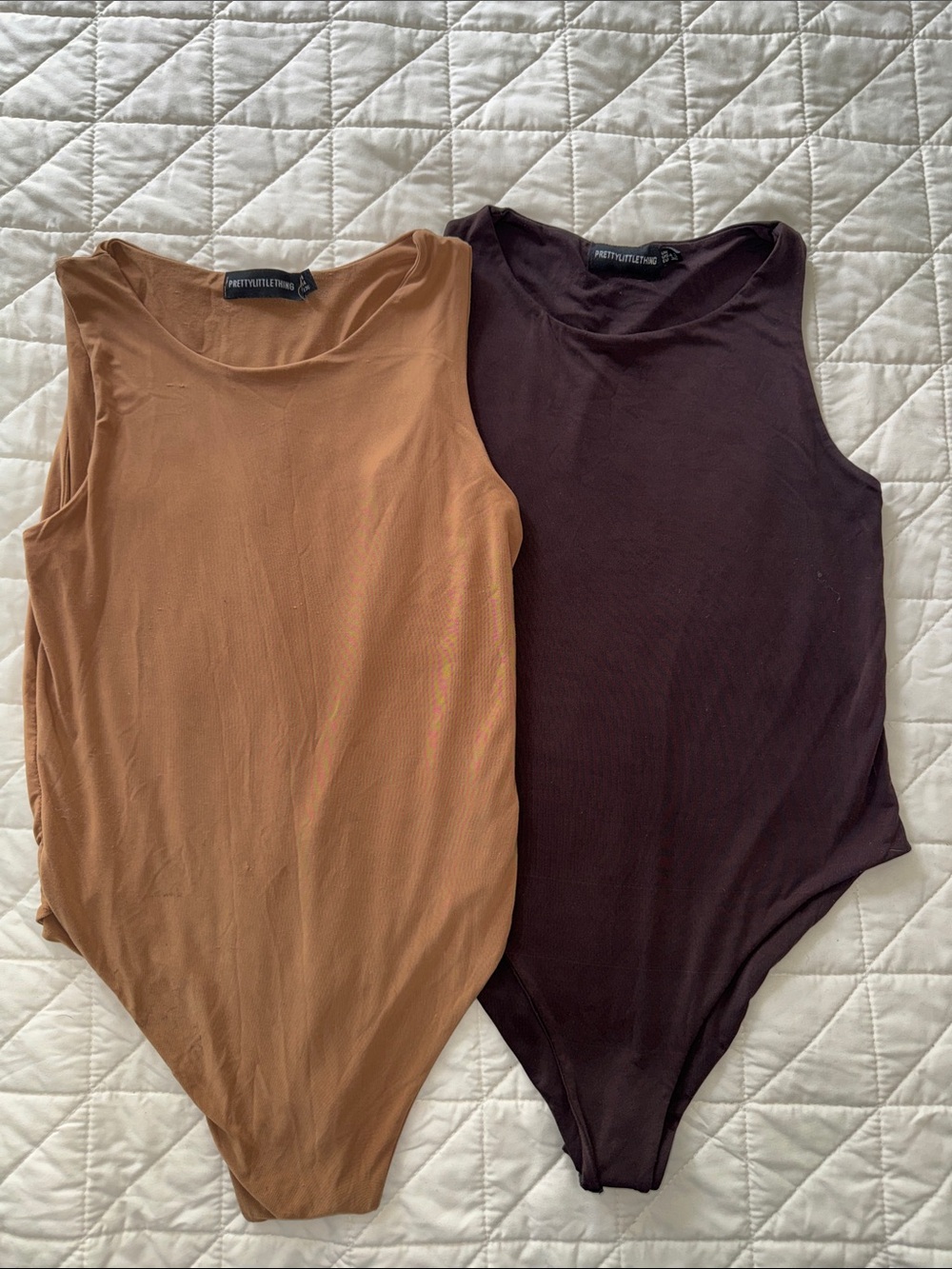 Two PrettyLittleThing Tan and Brown Sleeveless Bodysuits